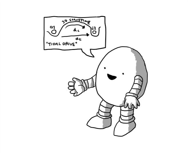 An ovoid robot holding out its hands as it cheerfully emits a speech bubble that has a complicated diagram of how something labelled "TIDAL DRIVE" functions.
