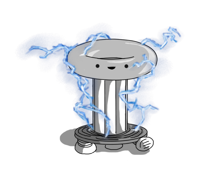 A robot in the form of a Tesla coil: it has a flat disc at its base with three banded legs on the bottom, an upright, laterally banded cylinder atop that and a large, silvery torus on the top, on which is placed the robot's smiling face. Crackling arcs of blue, glowing electricity wreathe the robot, joining the flat base to the torus.