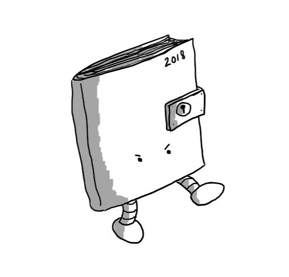 A robot in the form of a book with '2018' in the top right of the front cover. Halfway down is a clasp with a keyhole that wraps around the outer edge to keep it locked shut. The robot has two little legs at the bottom, one of which is stretched out as if aiming a kick and it has a pair of very angry-looking eyes (but no mouth).