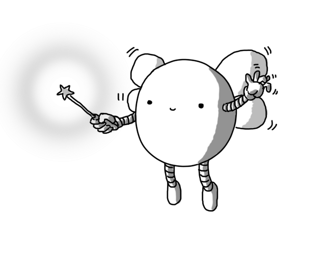 A spherical robot with slim, banded arms and legs, diaphanous wings and a glowing wand with a star on the end. It's smiling and waggling its fingers.