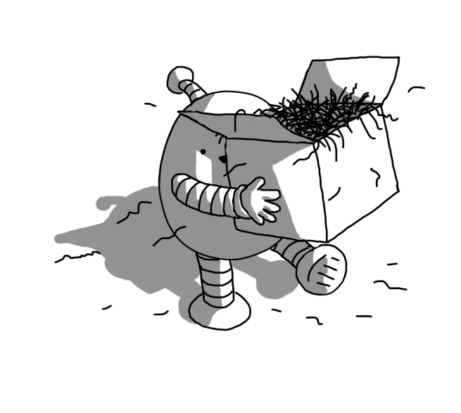 An ovoid robot with banded arms and legs and an antenna, walking along holding a big box filled with hair that is shedding strands everywhere.