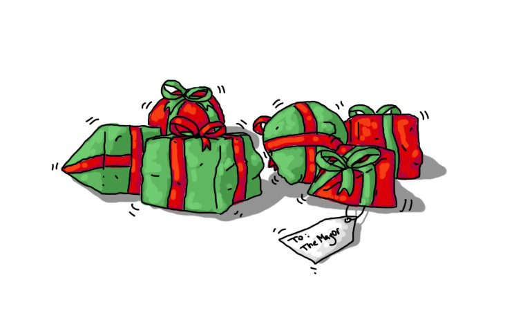 Six Christmas presents, wrapped in green paper with red ribbon or vice versa. Two are cubic, two are spherical and two are pyramidal, but all have lumps and bumps here and there. They're all shaking, and one has a label attached that reads "To: The Mayor".