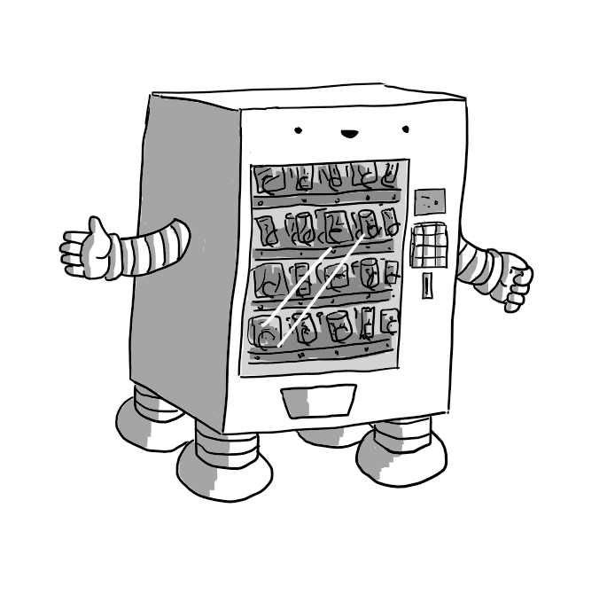 A robot in the form of a vending machine with a glass front showing all its various snacks and drinks. It has four legs on the bottom and arms on either side. Its smiling face is at the top.