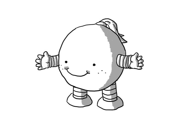 A smiley, spherical robot with a little ponytail and freckles on its chubby cheeks. It's holding out its arms for a hug.