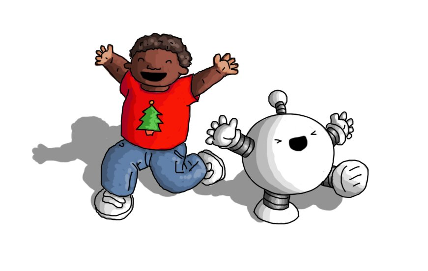 A spherical robot with banded arms and legs and an antenna and a child wearing a shirt with a Christmas tree on it. Both robot and child are running around with their arms in the air, eyes closed and yelling with excitement.