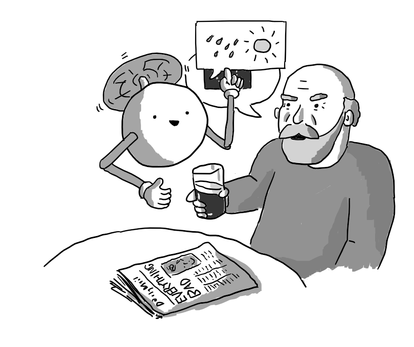 A spherical robot held aloft by a propeller on its top, with two jointed arms. It's hovering at a table beside a bearded man drinking a pint of beer. A copy of the Daily Mail with the headline "EVERYTHING BAD" is on the table. A speech bubble coming from the man has the EU flag in it, but another speech bubble coming from the robot that contains rain and a stylised sun is obscuring most of it.