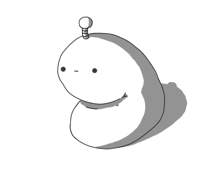 An amorphous, rounded robot with no limbs, sitting on the floor, folded over in its middle so it seems to be faintly despondent. Its face is impassive and it has an antenna on its top.