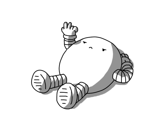 An ovoid robot with banded arms and legs, lying on the ground with one hand beneath its top and the other raised up, flicking two fingers. It's frowning grumpily at whoever is on the receiving end of its hand gesture.