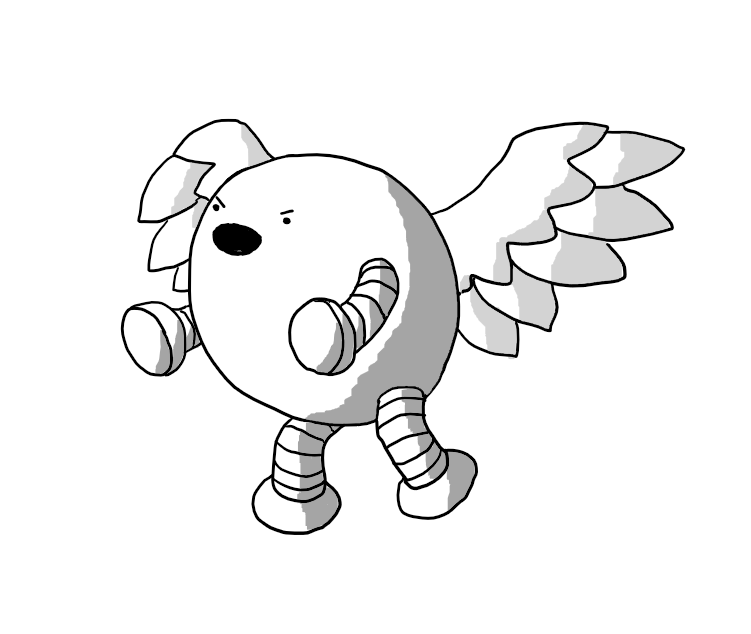 An ovoid robot with four banded legs and large, feathered wings protruding from its back. It's rearing up on its hind legs and shouting with its wings spread wide.