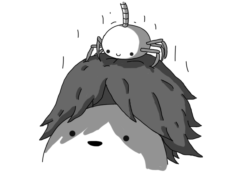 A happy, ovoid robot with six clawed, jointed limbs arrayed along its sides like an insect's, dropping down suspended on a banded flex while holding a shaggy wig. A larger robot is cheerfully receiving the wig atop its head.