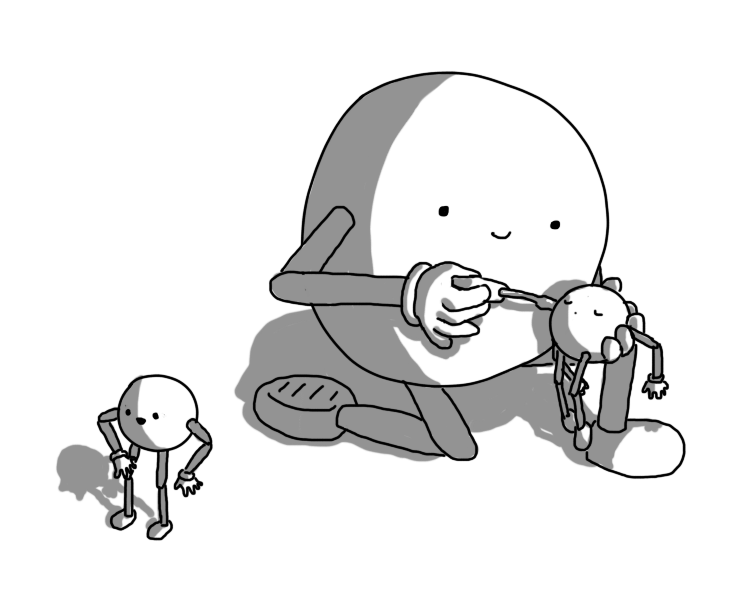 A spherical robot with joined arms and legs, kneeling on the ground and happily fiddling with a copy of itself that is dormant and limp in its hand using a screwdriver. A second copy starts a short way away, excitedly examining its own arms.