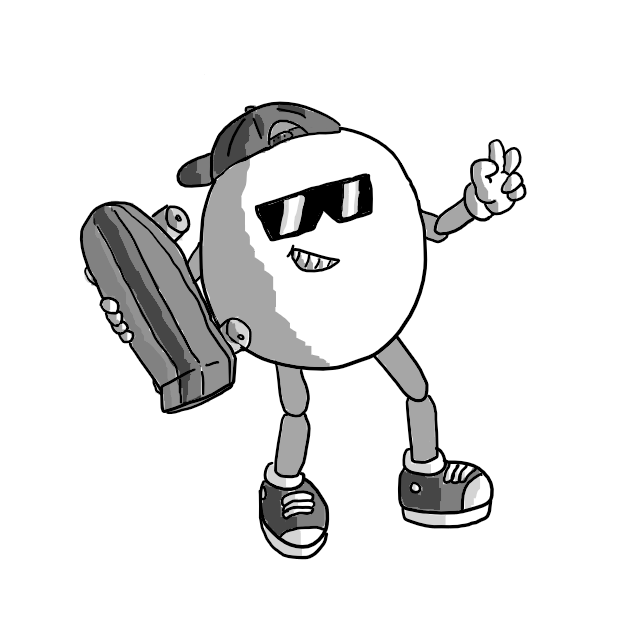 A spherical robot with jointed arms and legs wearing a backwards baseball cap, reflective shades and sneakers. It's holding a skateboard and raising two fingers in a peace sign with the other hand.