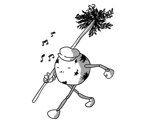 A spherical robot with jointed arms and legs, carrying a long chimney brush over one shoulder as it walks along, whistling cheerily. It's wearing a shapeless peaked cap and is covered in smears of soot.