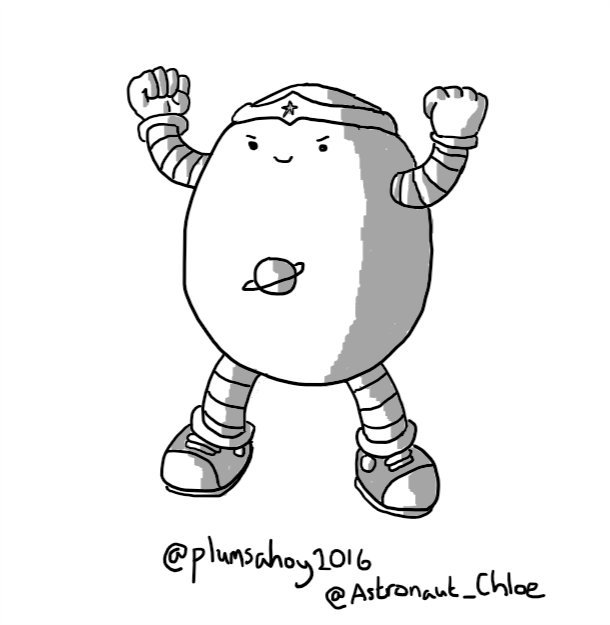 An ovoid robot wearing a Wonder Woman-style tiara and converses and with a ringed planet symbol on its belly. It's raising and flexing its biceps in a power pose with an expression of pleased determination on its face.