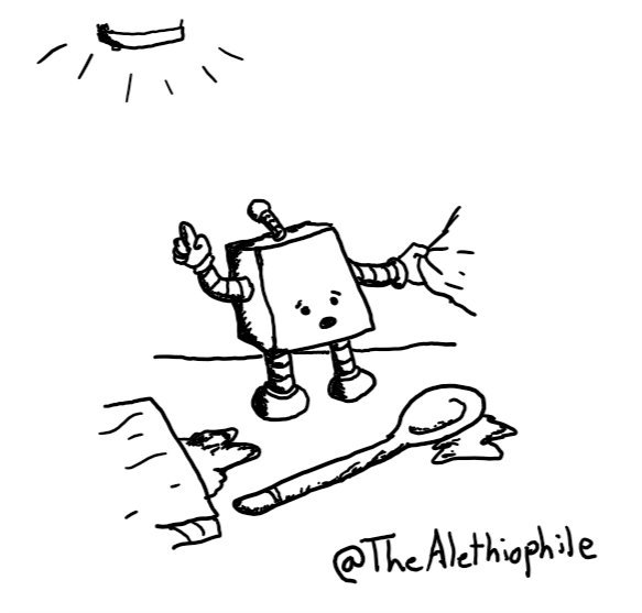 a cube-shaped bot standing on a messy kitchen counter strewn with a chopping board and wooden spoon, tugging at someone's sleeve while pointing up at a blaring smoke alarm with a worried expression.