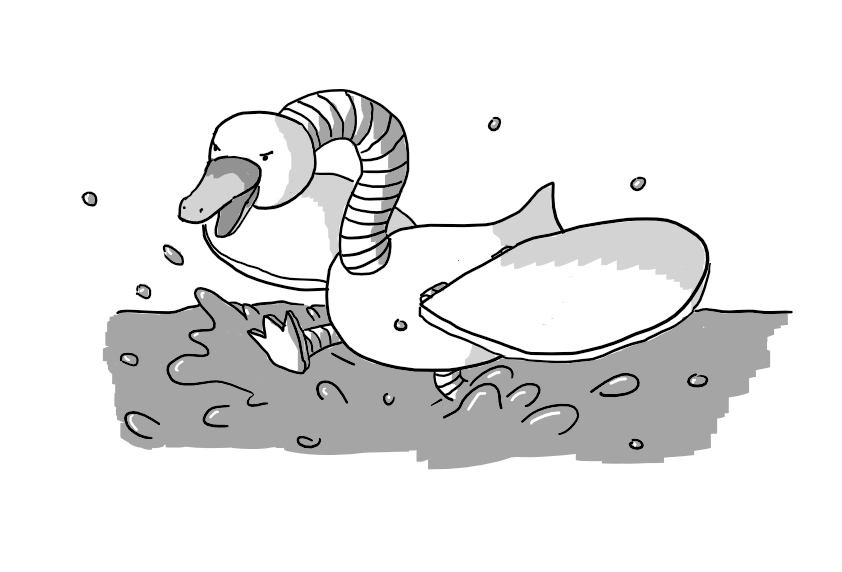 A robot in the form of a swan, with large, hinged wings and a sinuous, banded neck. It's launching itself through the water, kicking out its feet and angrily snapping its beak.