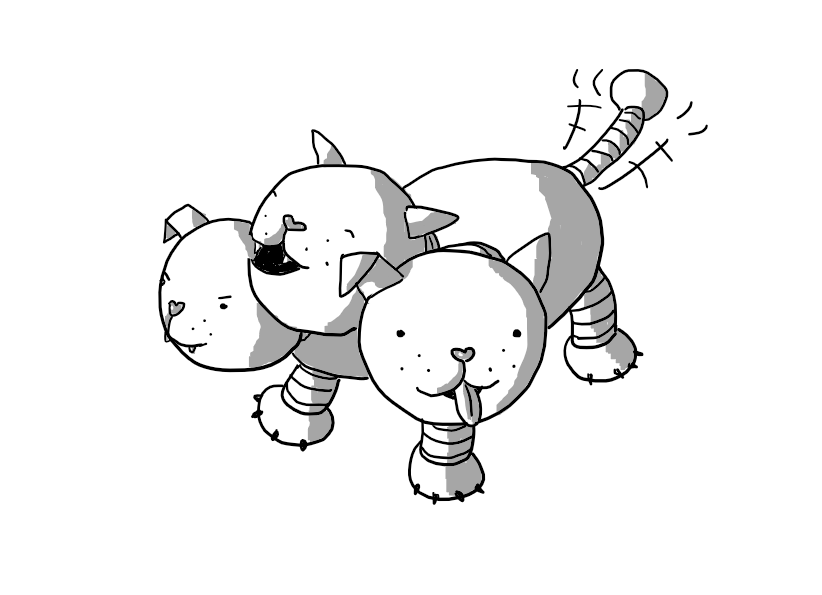 A robot puppy with three heads. One is sticking its tongue out, one is howling and one looks vaguely angry. Its tail is wagging happily though.