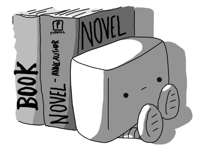 A robot shaped like a fat cuboid on its side, sitting down with its banded legs out before it. It's resting against a couple of books with generic titles ("Novel" by Anne Author, "Book"), and looks a bit grumpy.
