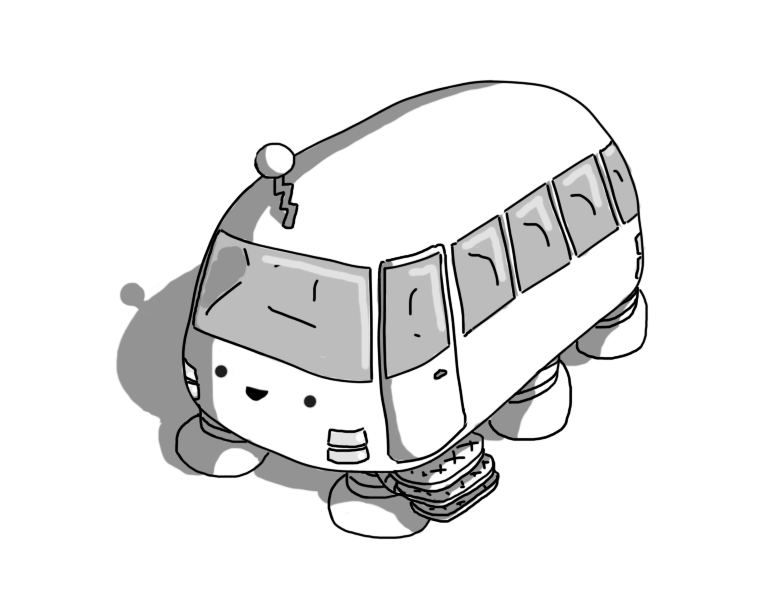 A chunky little bus with six banded legs instead of wheels, a zigzag antenna on its roof and a smiling face on the front. The door at one end is accessed by a set of three retractable steps.
