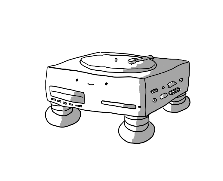 A low, cuboid robot on four banded legs. Its front has ports for VHS tapes and CDs/DVDs and its other visible side has various ports and sockets for different kinds of plugs. Its top has a vinyl record turntable.