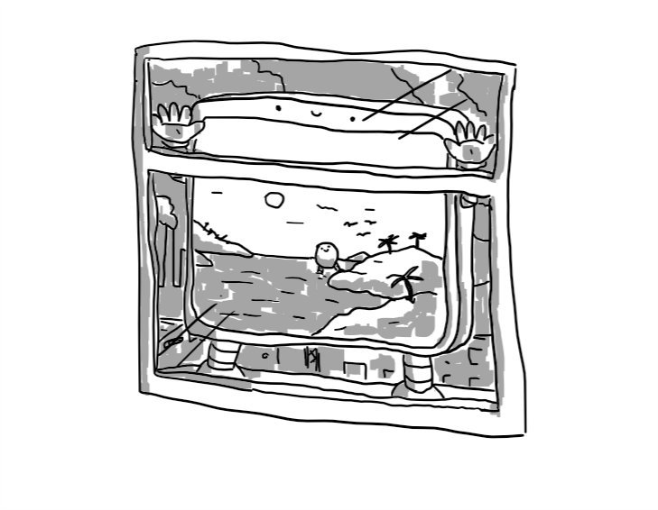 A window with a large, flat robot pressed up against it. The view behind it consists of dark factories and smog, while the robot itself has a screen on its surface showing an idyllic lagoon, complete with Bigbot stepping ashore in the background.