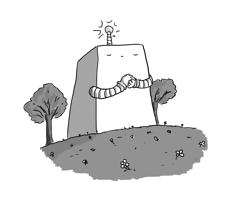 A large robot shaped like a tapered cuboid, with two banded arms and an antenna on its top. Its eyes are closed reverently and its hands clasped before it. A glowing sphere tops its antenna. It's set in a wide meadow dotted with wildflowers and flanked by deciduous trees.