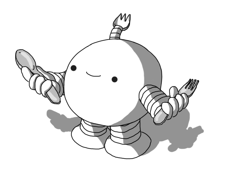 A spherical robot with banded arms and legs, smiling as it offers a spoon with one hand and a fork with the other. It has a little antenna with the end of a proper spork on it.