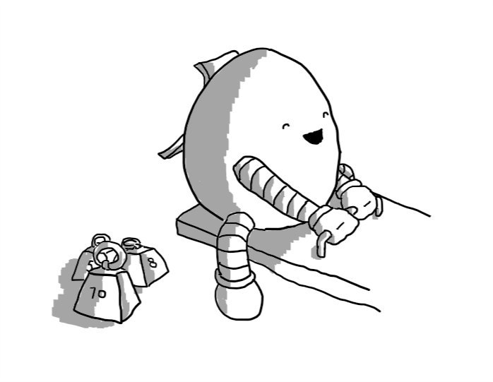 A happy, egg-shaped robot sitting on one end of a see-saw. A hatch on its back is open and a collection of small trapezoid weights are on the ground next to it.