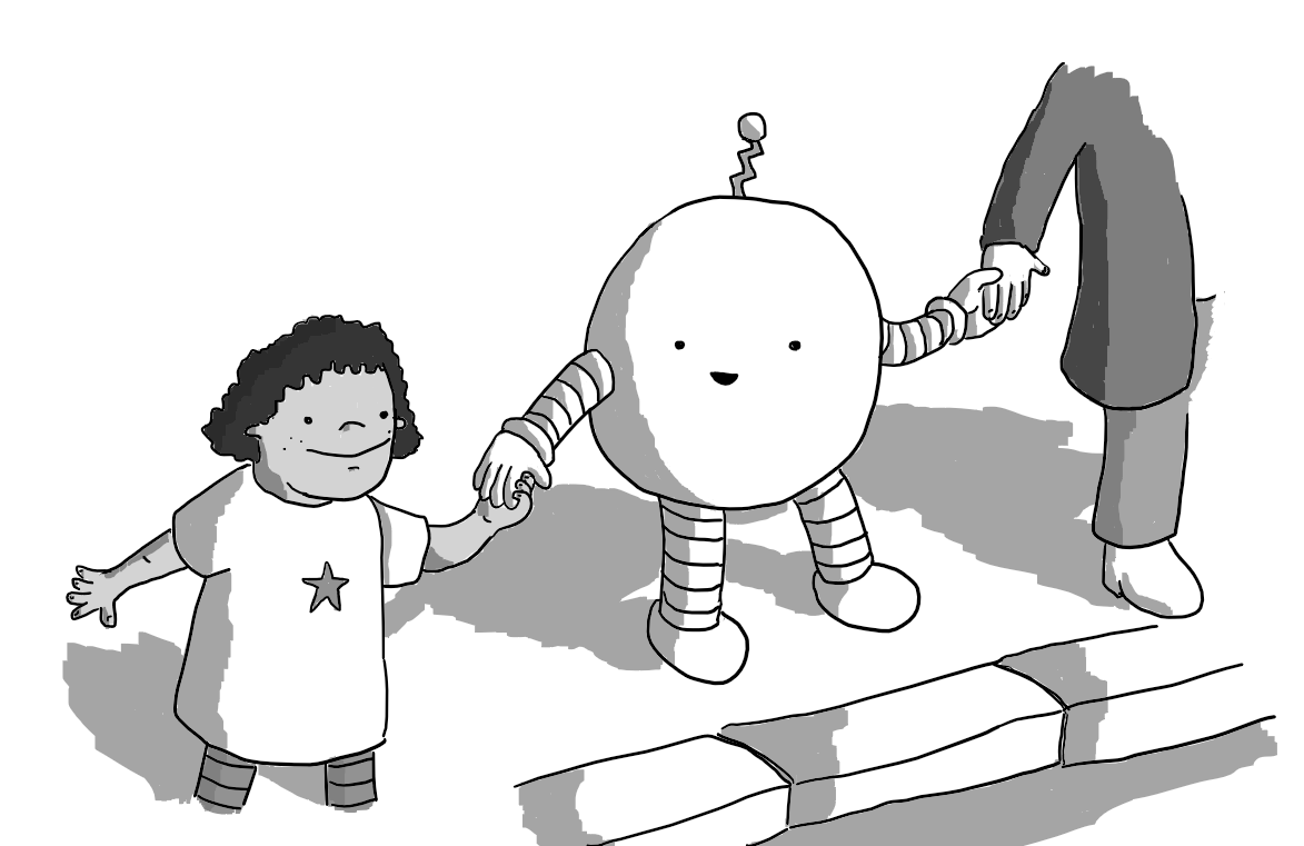 A round robot with banded arms and legs and a zig-zag shaped antenna. It's standing by a kerb, holding hands with a child in a dress and an adult, smiling at the child as if to tell them it's safe to cross the road.