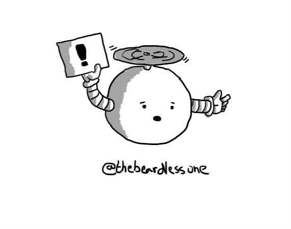 A spherical robot held aloft by a propeller on its top, and holding up a small sign with an exclamation mark on it.