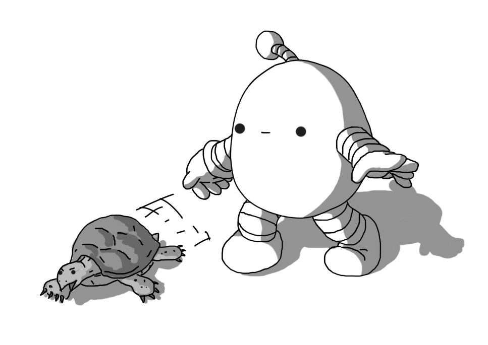 A rounded robot with banded arms and legs and an antenna. It's creeping along with its arms slightly extended and a blank expression on its face. Meanwhile, a tortoise is zooming right by it on the ground.