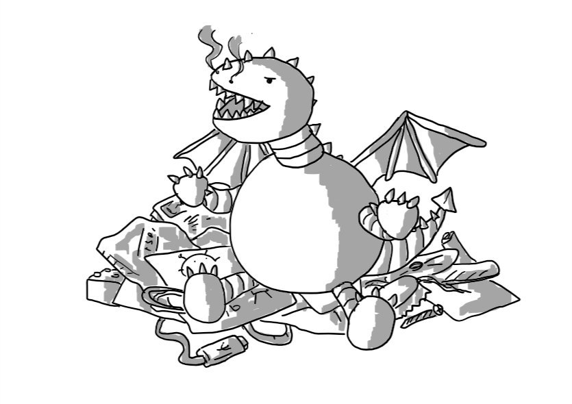 A robotic dragon with a large spherical body and an pvoid head with a large, fang-filled mouth. It has little wings and a barbed tail and is sitting on a heap containing magazines, envelopes, a child's drawing, a USB cord, a bottle cap, a Lego brick, a CD, a paperclip, a hairband and a nail file.
