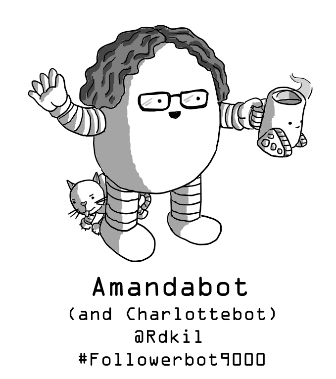 An ovoid robot with glasses and curly hair, holding up a full Teabot and waving. A small Cattobot is peeking out from behind her.