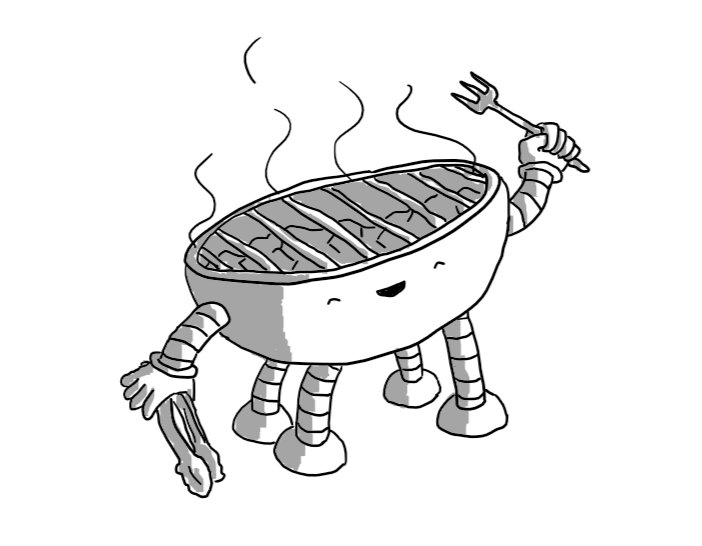 A robot in the form of a bowl-shaped barbecue, with four banded legs and two arms, one holding a long barbecue fork and the other holding a set of tongs. The robot is smiling happily with its eyes closed as it gestures with its fork towards its smoking grill.