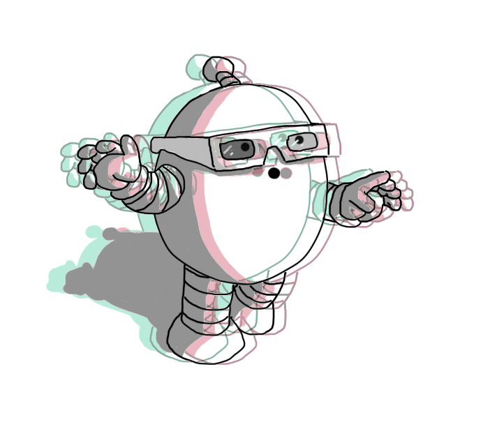 An ovoid robot with banded arms and legs and an antenna, wearing old-fashioned boxy 3-D glasses and holding out its hands as it stumbles forward, looking around with an awed expression on its face. The robot's outline is blurred by the presence of semi-transparent versions of the same image in red and cyan superimposed around it, in the manner of anaglyph 3-D images.