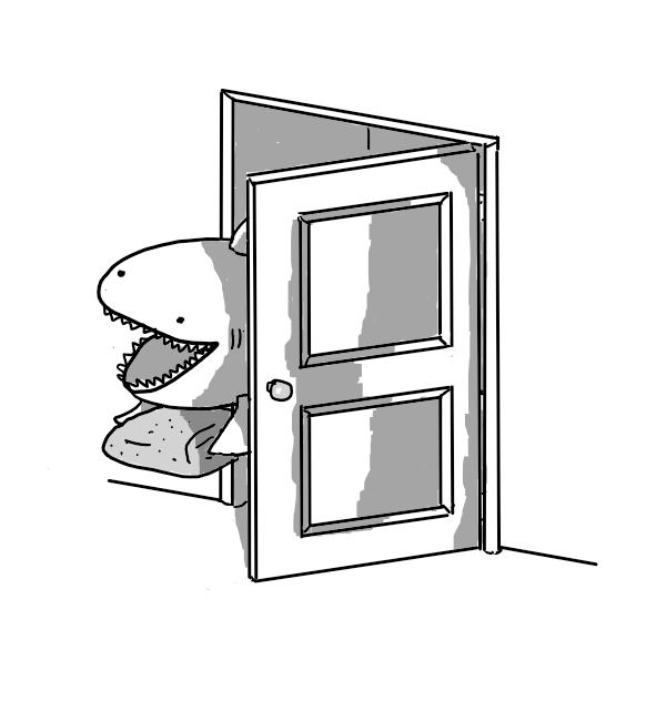 A goofy, shark-like robot emerging from behind a cupboard board with a wide, toothy grin on its face. It's holding some folded towers in its flippers.