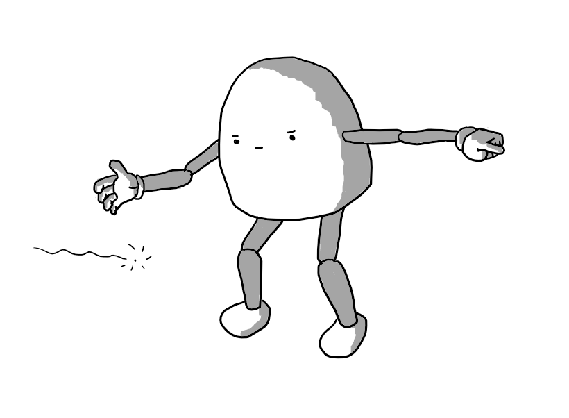 A round-topped robot with jointed arms and legs, frowning at a glowing point moving past it at about waist height as it points with one hand and motions it along with the other.