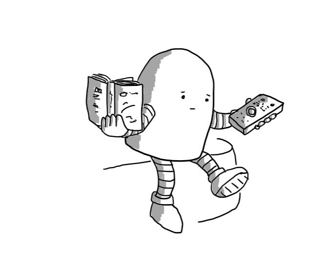 A round-topped robot with a serious face sitting on the edge of a sofa, a book in one hand and a TV remote in the other.
