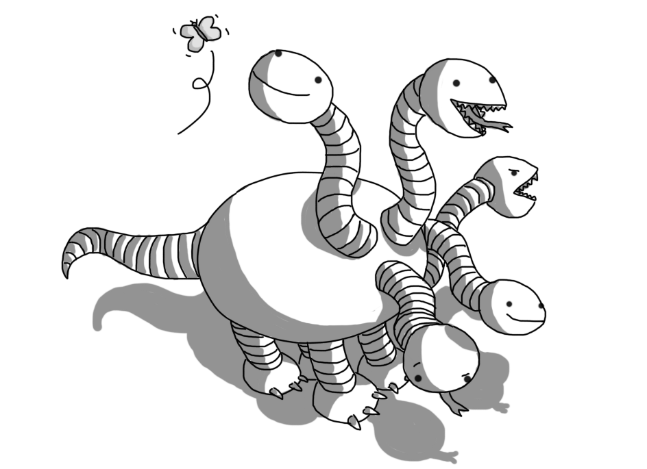 A robot in the form of a mythological hydra. It has an ovoid body with a banded tail and legs that have clawed feet. Five heads emerge from its body, mounted on sinuous, banded necks. The heads are ovoid too, with large mouths that contain sharp teeth. One head is distracted, looking at a butterfly, one is frowning at the ground, one is smiling, one has its mouth open and another is angry about something.