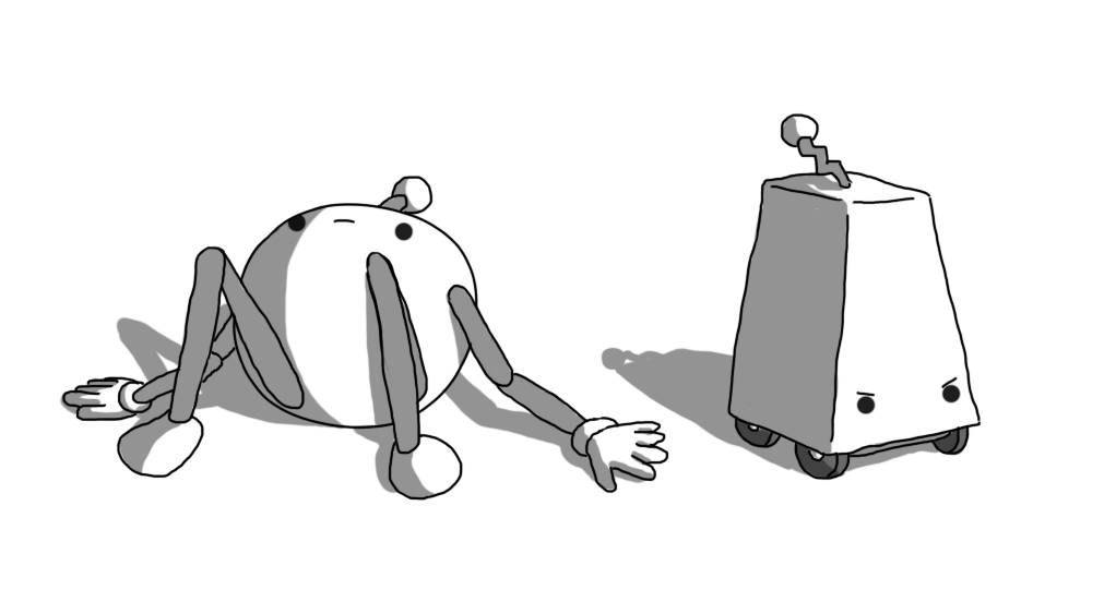 Two robots: one is spherical with long, jointed arms and legs and an antenna, flopped on the ground and looking grumpy. The other is a tall trapezoid with wheels on the underside, a zigzag antenna, no mouth but grumpy eyes near the bottom of its front surface.
