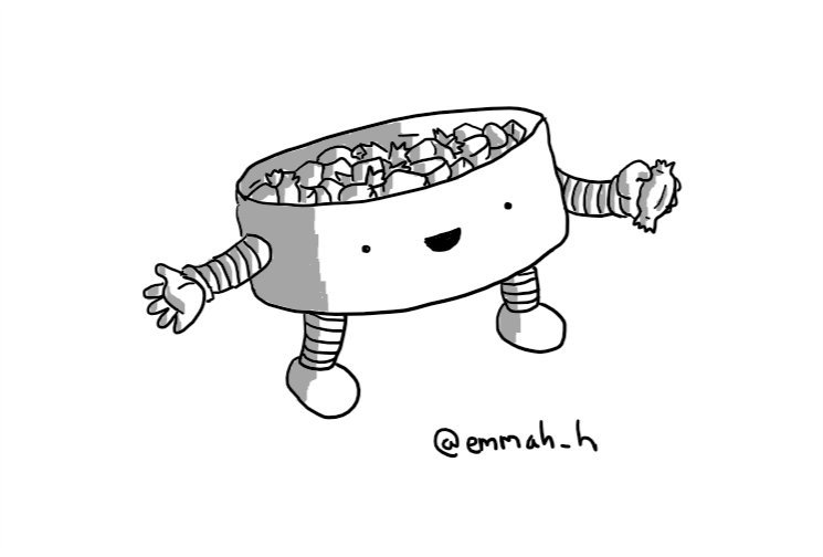A robot in the form of a squat, cylindrical tub of wrapped chocolates with banded arms and legs and its face on one side, cheerfully offering one.