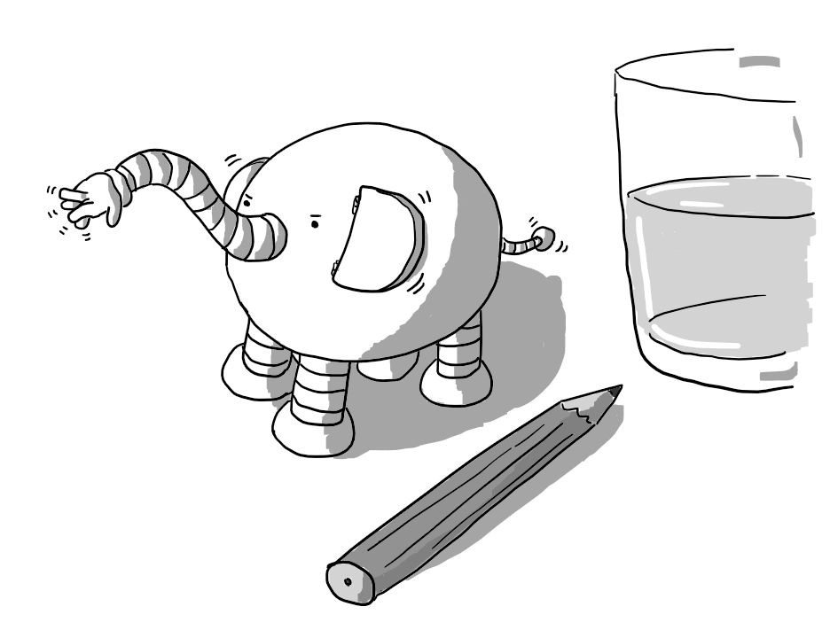 An ovoid robot with four banded legs and a long, wiggly arm below its eyes like an elephant's trunk. It has two large, hinged ears and a tail like an antenna with a small sphere on the end. It's standing beside a pencil and a glass of water, both about the same size as it.