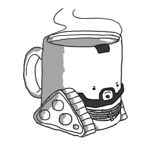 Teabot - a robot mug of tea with caterpillar tracks on either side - but with the addition of a beard, a little wedge of mohawk on the rim and gold chains around its lower section. Unlike normal Teabot, this version looks quite angry.