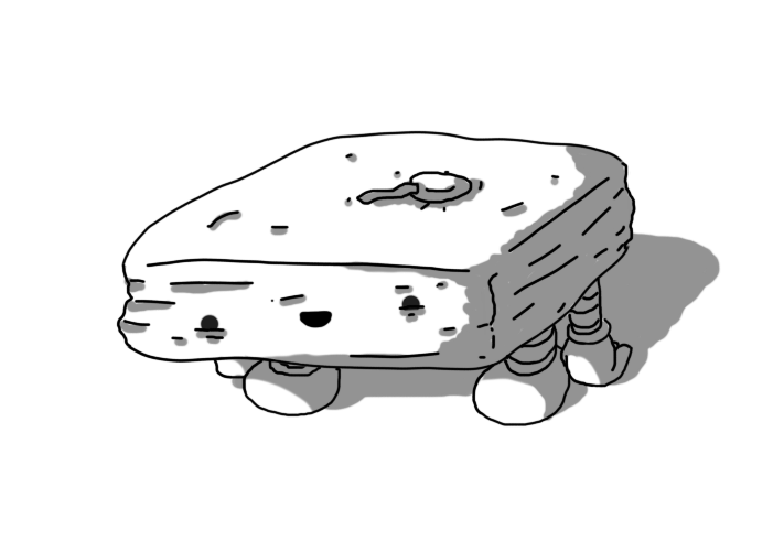 A (formerly) cuboid robot that's now been crushed down into a crumpled, flattened shape. Its antenna is squashed into its top, and its banded limbs are positioned on its underside, with its hands dangling close to the floor. However, it's smiling quite happily, despite its wonkily positioned eyes.