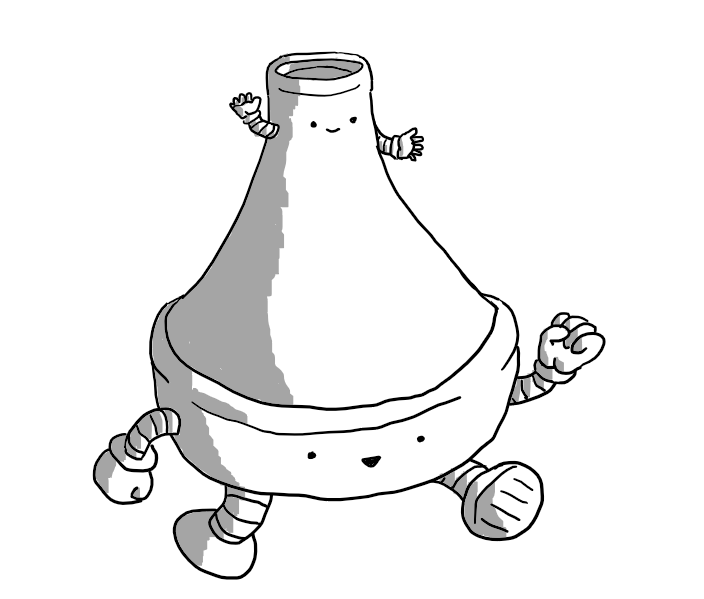 Two robots in the form of the shallow round bowl and conical lid of a Moroccan tagine pot. The bowl one has arms and legs and is approaching happily, while the lid one just has arms and is waving.