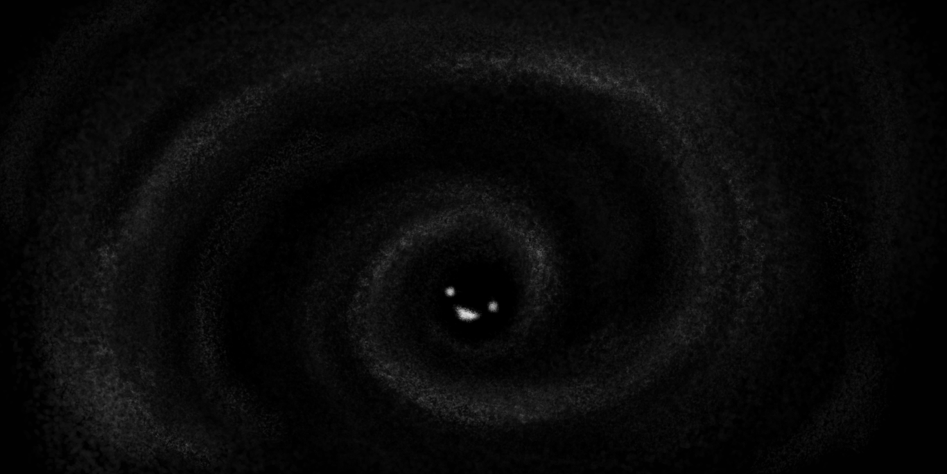 A faint, cloudy image depicting a dark spiral that, at its centre, is absolutely black except for a happy little face picked out in white.