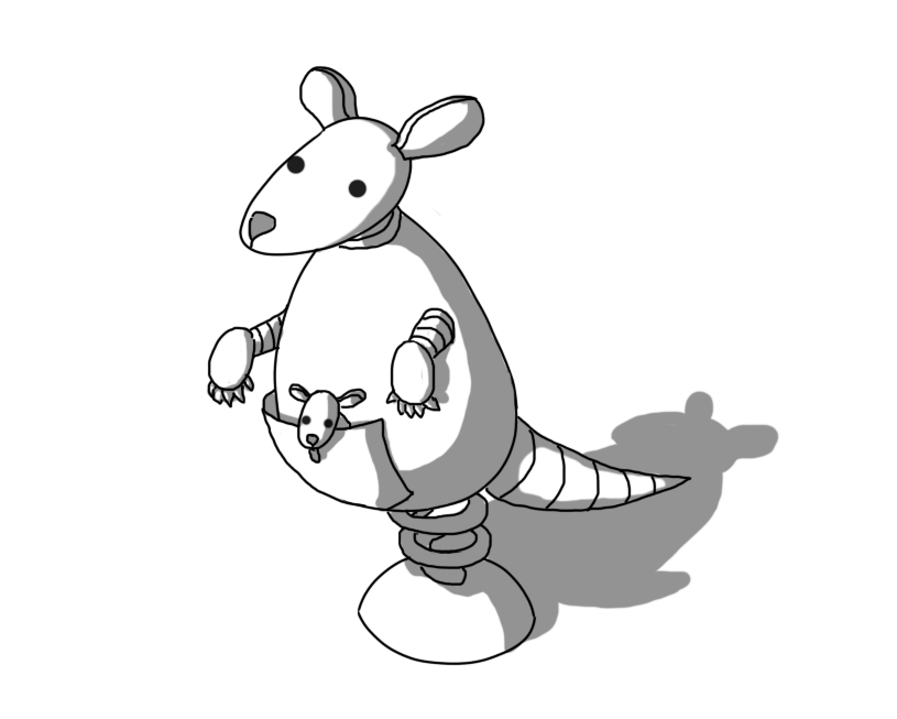 A robot kangaroo, with a banded tail, a separate head with a triangular, flat nose and two large, ellipse-shaped ears, banded arms with little claws on the hands and a big spring with a single, rounded foot on its underside. On its belly is a little pouch with a smaller version of the robot peeking from the top, sticking out its tongue.