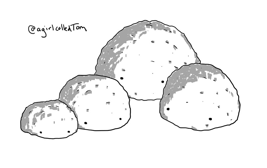 Four fuzzy, dome-shaped robots in varying sizes. Each has two little eyes near its base.