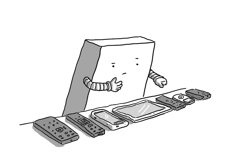 A slim, cuboid robot with banded arms standing at a table and looking  doubtfully at a row of remote controls and devices, including a phone, a tablet and an iPod. The robot is stroking the place its chin would be and counting with its other hand.