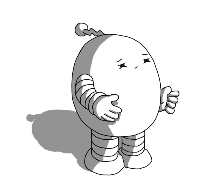 An ovoid robot with banded arms and legs and a zigzag antenna, squinting off into the distance with a defeated look on its face.